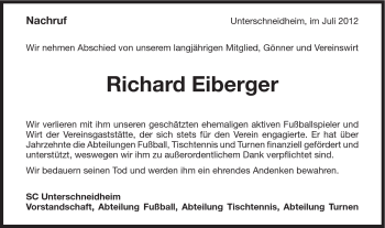Traueranzeige von Richard Eiberger von Schwäbische Post