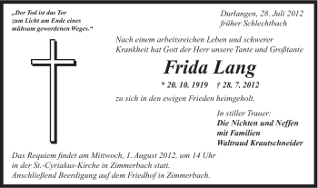 Traueranzeige von Frida Lang von Gmünder Tagespost