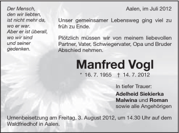 Traueranzeige von Manfred Vogl von Schwäbische Post