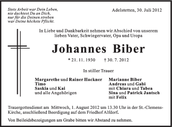 Traueranzeige von Johannes Biber von Gmünder Tagespost