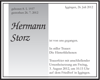 Traueranzeige von Hermann Storz von Gmünder Tagespost