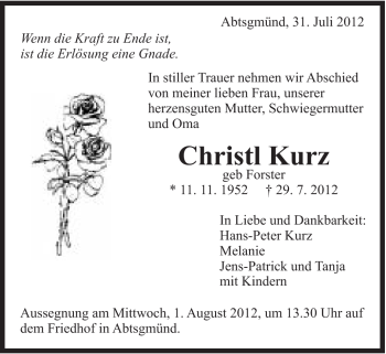 Traueranzeige von Christl Kurz von Schwäbische Post