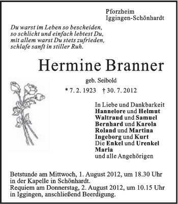 Traueranzeige von Hermine Branner von Gmünder Tagespost
