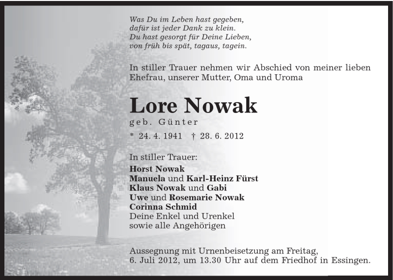  Traueranzeige für Lore Nowakj vom 04.07.2012 aus Schwäbische Post