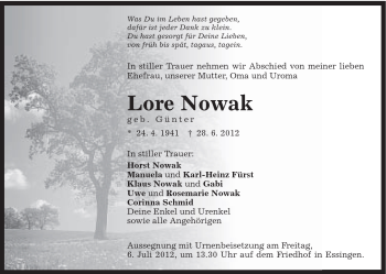Traueranzeige von Lore Nowakj von Schwäbische Post