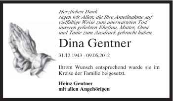 Traueranzeige von Dina Gentner von Schwäbische Post