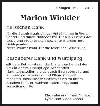 Traueranzeige von Marion Winkler von Schwäbische Post