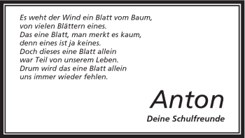 Traueranzeige von Anton . von Schwäbische Post