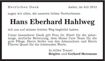 Traueranzeige von Hans Eberhard Hahlweg von Schwäbische Post