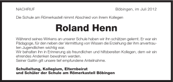 Traueranzeige von Roland Henn von Gmünder Tagespost