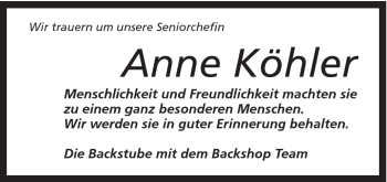 Traueranzeige von Anne Köhler von Gmünder Tagespost