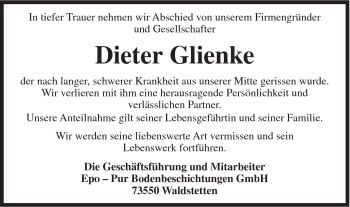Traueranzeige von Dieter Glienke von Gmünder Tagespost