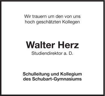 Traueranzeige von Walter Herz von Schwäbische Post