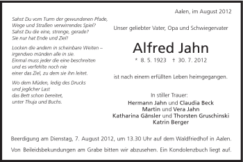 Traueranzeige von Alfred Jahn von Schwäbische Post