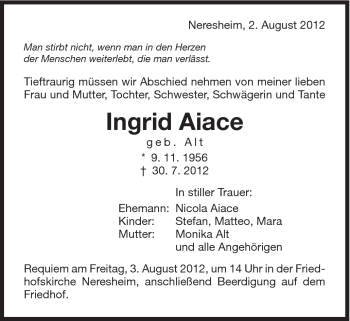 Traueranzeige von Ingrid Aiace von Schwäbische Post
