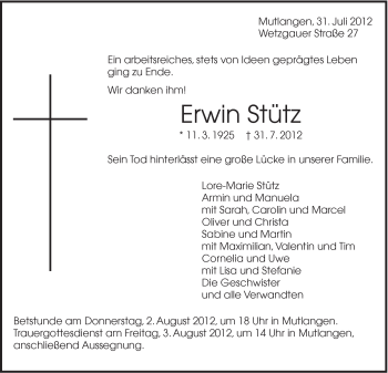 Traueranzeige von Erwin Stütz von Gmünder Tagespost