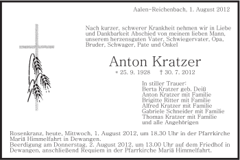 Traueranzeige von Anton Kratzer von Schwäbische Post