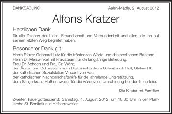 Traueranzeige von Anton Kratzer von Schwäbische Post