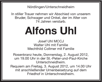 Traueranzeige von Alfons Uhl von Schwäbische Post