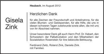 Traueranzeige von Gisela Zink von Gmünder Tagespost