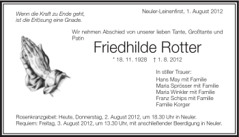 Traueranzeige von Friedhilde Rotter von Schwäbische Post