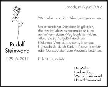 Traueranzeige von Rudolf Steinwand von Schwäbische Post