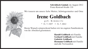 Traueranzeige von Irene Goldbach von Gmünder Tagespost