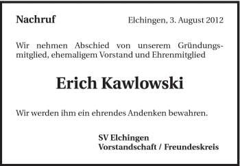 Traueranzeige von Erich Kawlowski von Schwäbische Post
