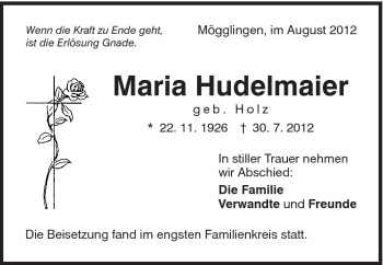 Traueranzeige von Maria Hudelmaier von Gmünder Tagespost