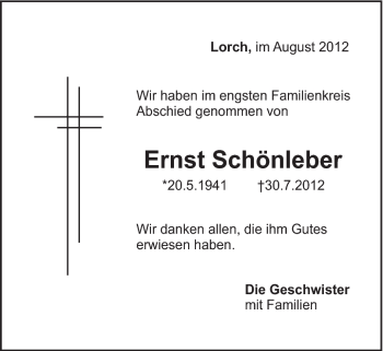 Traueranzeige von Ernst Schönleber von Gmünder Tagespost