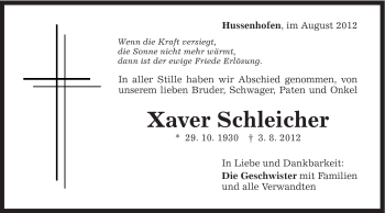 Traueranzeige von Xaver Schleicher von Gmünder Tagespost