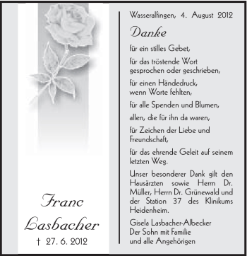 Traueranzeige von Franc Lasbacher von Schwäbische Post