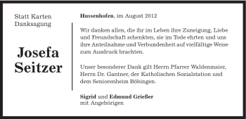 Traueranzeige von Josefa Seitzer von Gmünder Tagespost