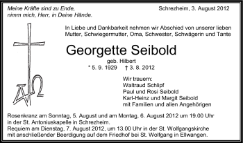 Traueranzeige von Georgette Seibold von Schwäbische Post