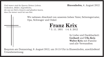 Traueranzeige von Franz Krix von Gmünder Tagespost