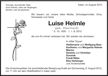 Traueranzeige von Luise Helmle von Schwäbische Post