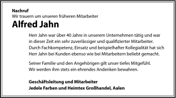 Traueranzeige von Alfred Jahn von Schwäbische Post