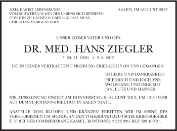 Traueranzeige von Hans Ziegler von Schwäbische Post