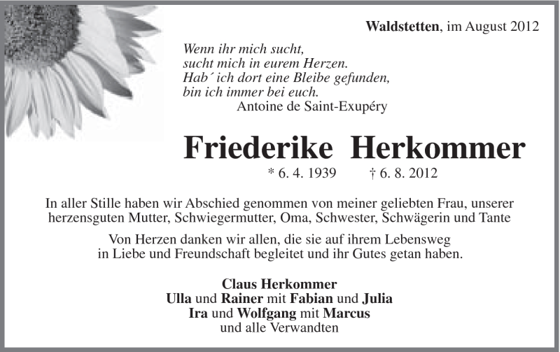  Traueranzeige für Friederike Herkommer vom 10.08.2012 aus Gmünder Tagespost