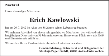 Traueranzeige von Erich Kawlowski von Schwäbische Post