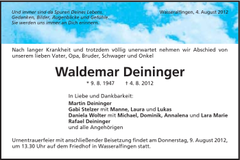 Traueranzeige von Waldemar Deininger von Schwäbische Post