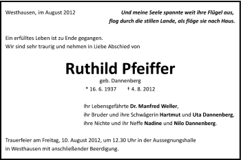 Traueranzeige von Ruthild Pfeiffer von Schwäbische Post