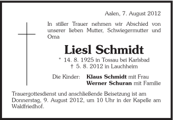 Traueranzeige von Liesl Schmidt von Schwäbische Post