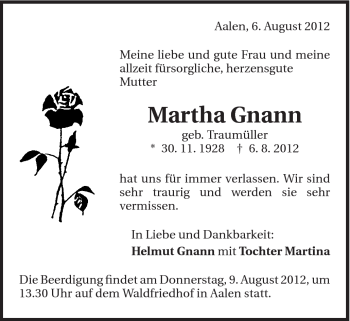 Traueranzeige von Martha Gnann von Schwäbische Post