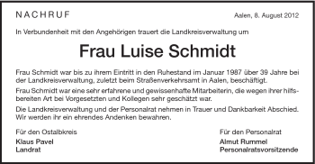 Traueranzeige von Luise Schmidt von Schwäbische Post