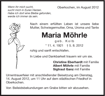 Traueranzeige von Maria Möhrle von Schwäbische Post