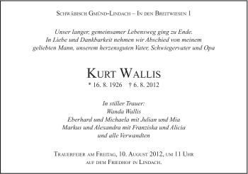 Traueranzeige von Kurt Wallis von Gmünder Tagespost