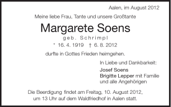 Traueranzeige von Margarete Soens von Schwäbische Post