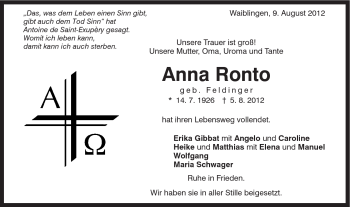 Traueranzeige von Anna Ronto von Schwäbische Post