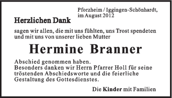 Traueranzeige von Hermine Branner von Gmünder Tagespost